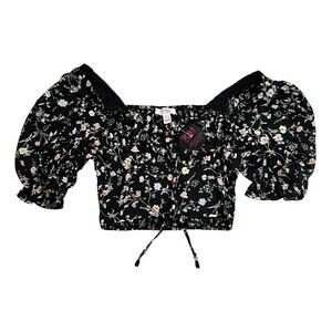 NWT Privvy Hot Miami Style Women's Crop Shirred Black Floral S/S Top Size Small